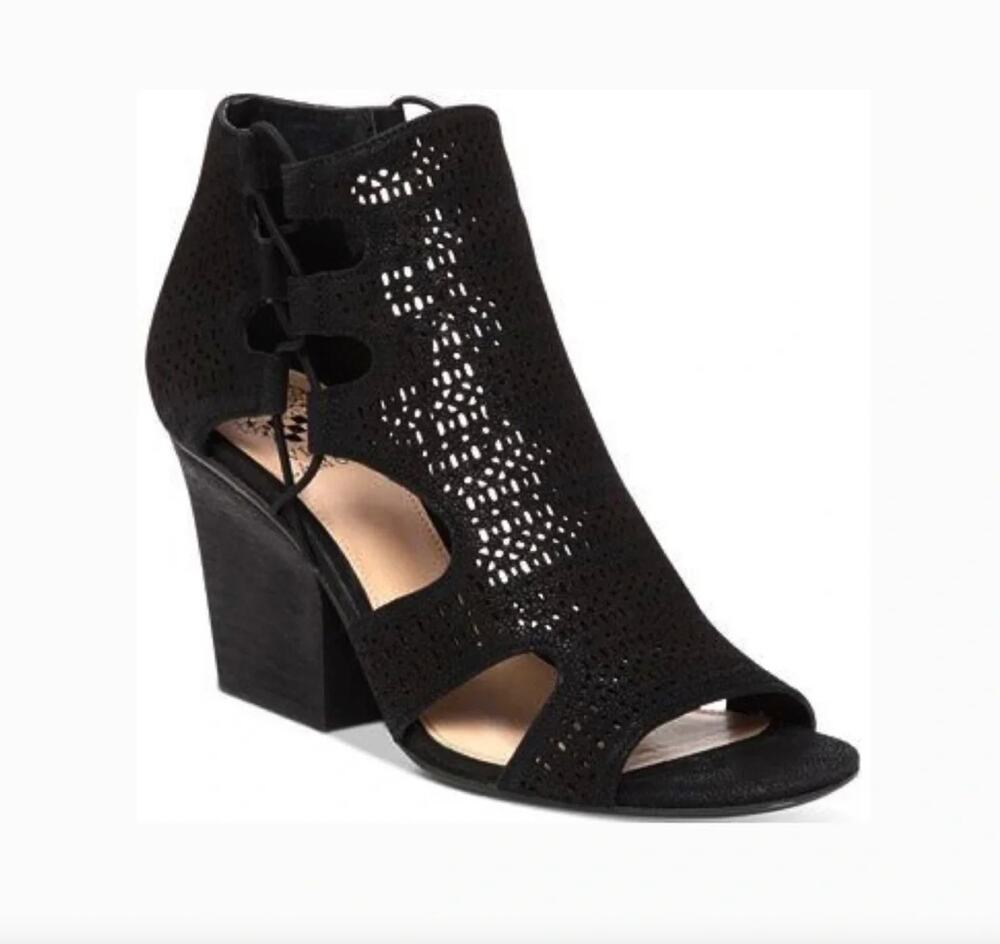 Vince Camuto VC-Corbina Black Laser Cut Block Heel Sandals Size 7.5 Leather